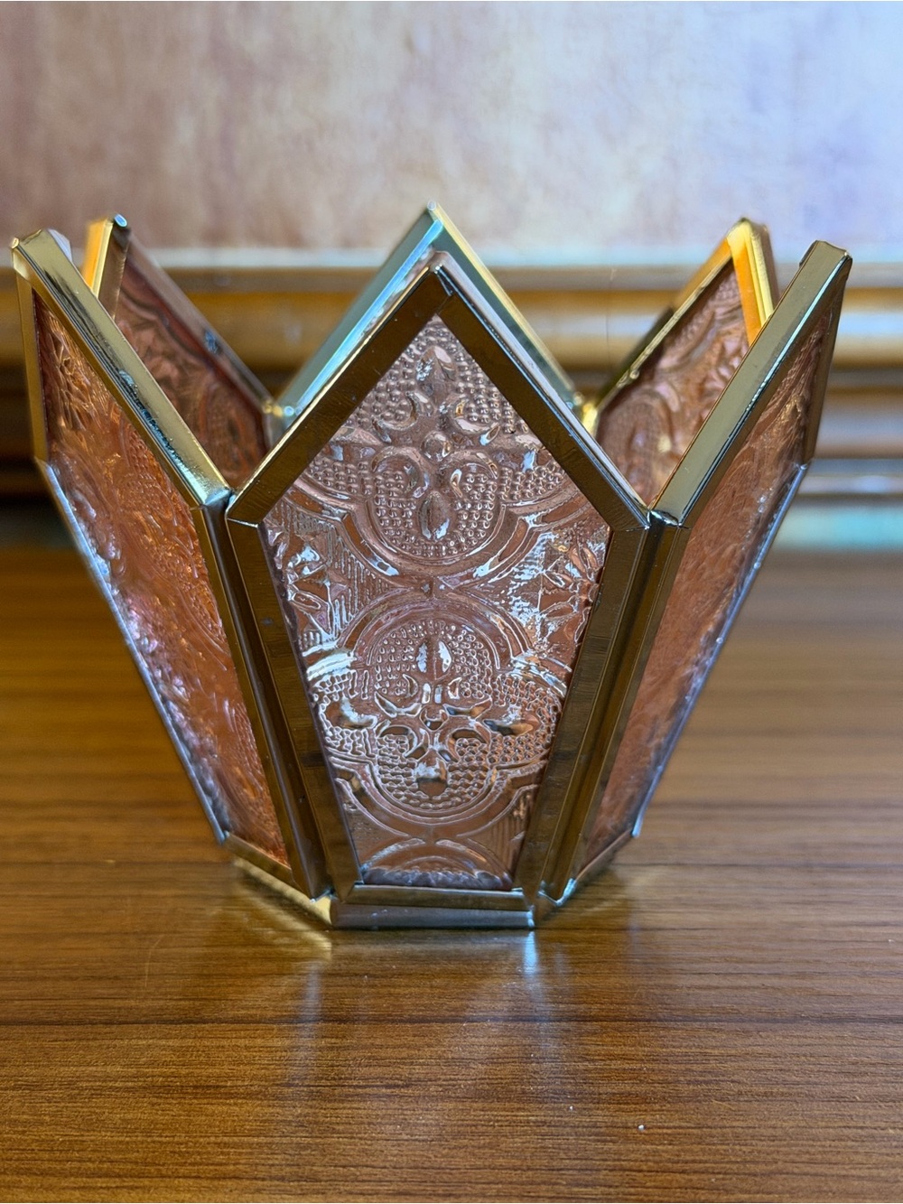 Vintage Pink Leaded Glass Fleur De Lis Tulip Crown Votive Candle Holder 4x3